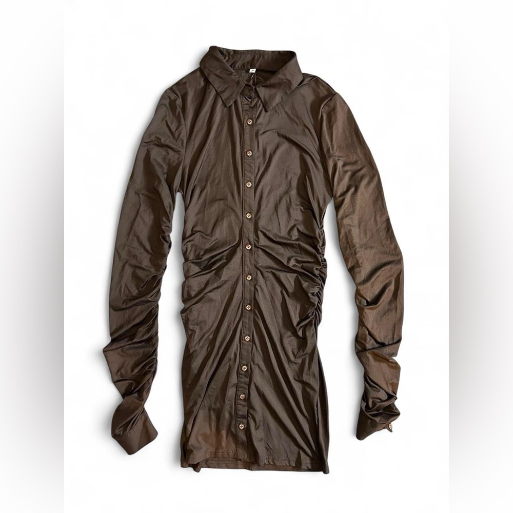 Brown collar button down long sleeve dress with ruched details Medium Stretchy